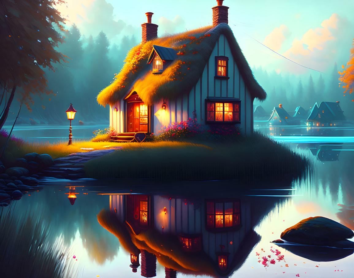 Thatched-roof cottage by serene lake at twilight