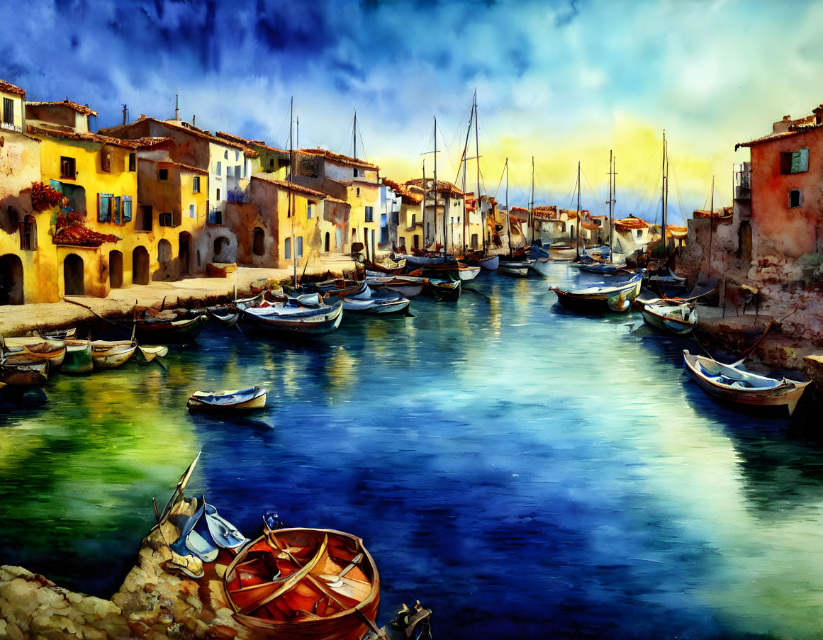 Calm harbor scene with boats and buildings under cloudy sky