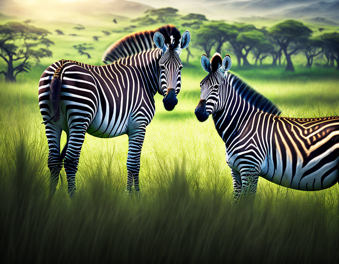 Two zebras in tall grass with savannah backdrop and trees.