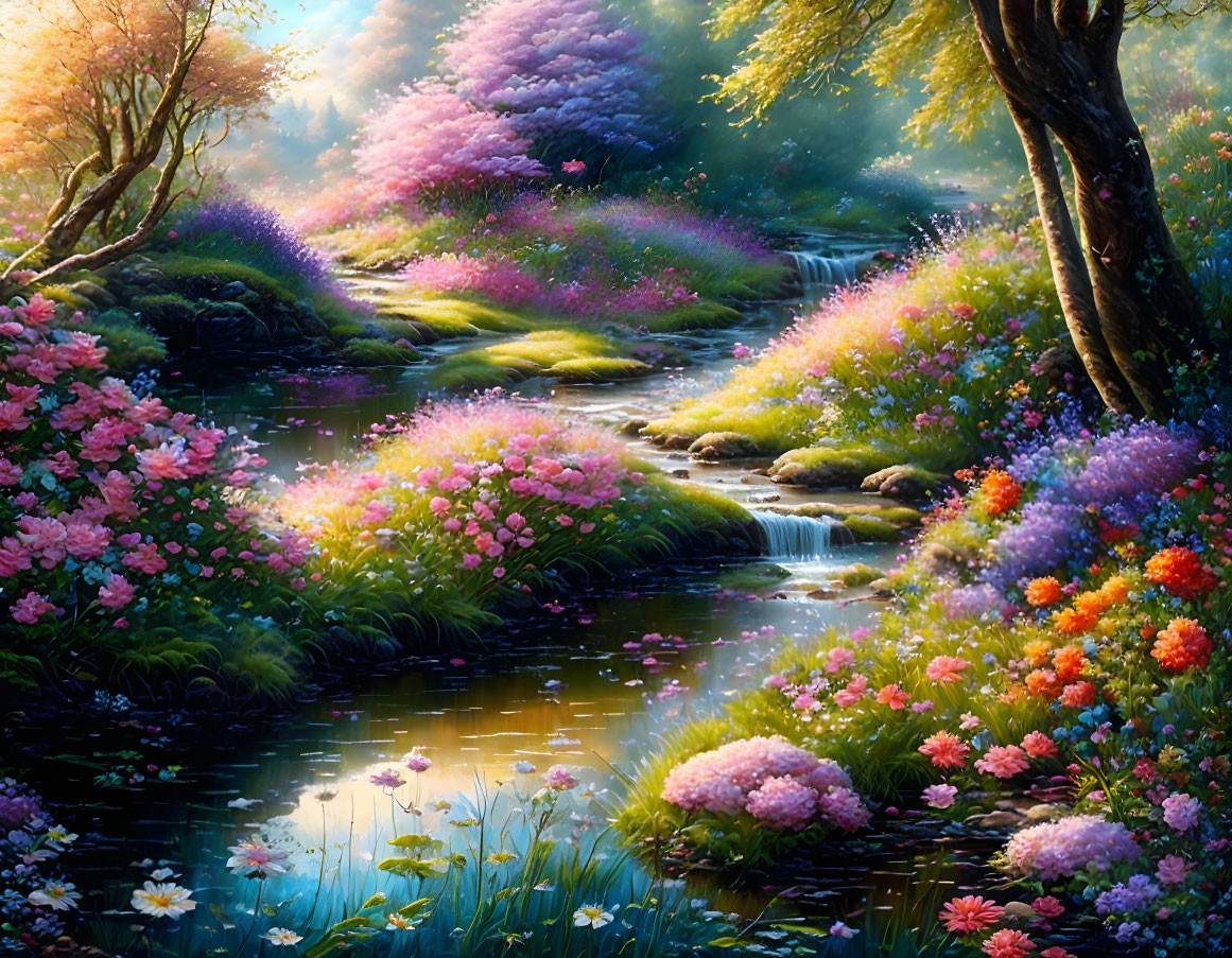 Tranquil landscape with cascading waterfalls and vibrant flowers