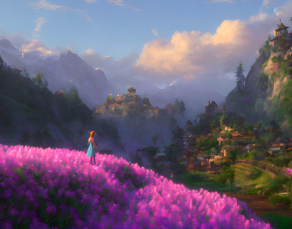 Person admiring purple flowers and village on mountain cliffs at sunrise