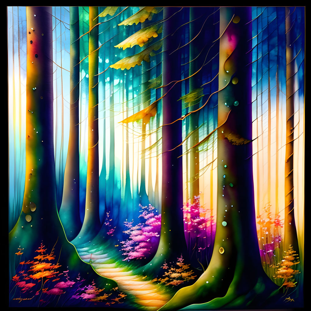 Colorful Stylized Forest with Tall Trees & Mystical Pathway