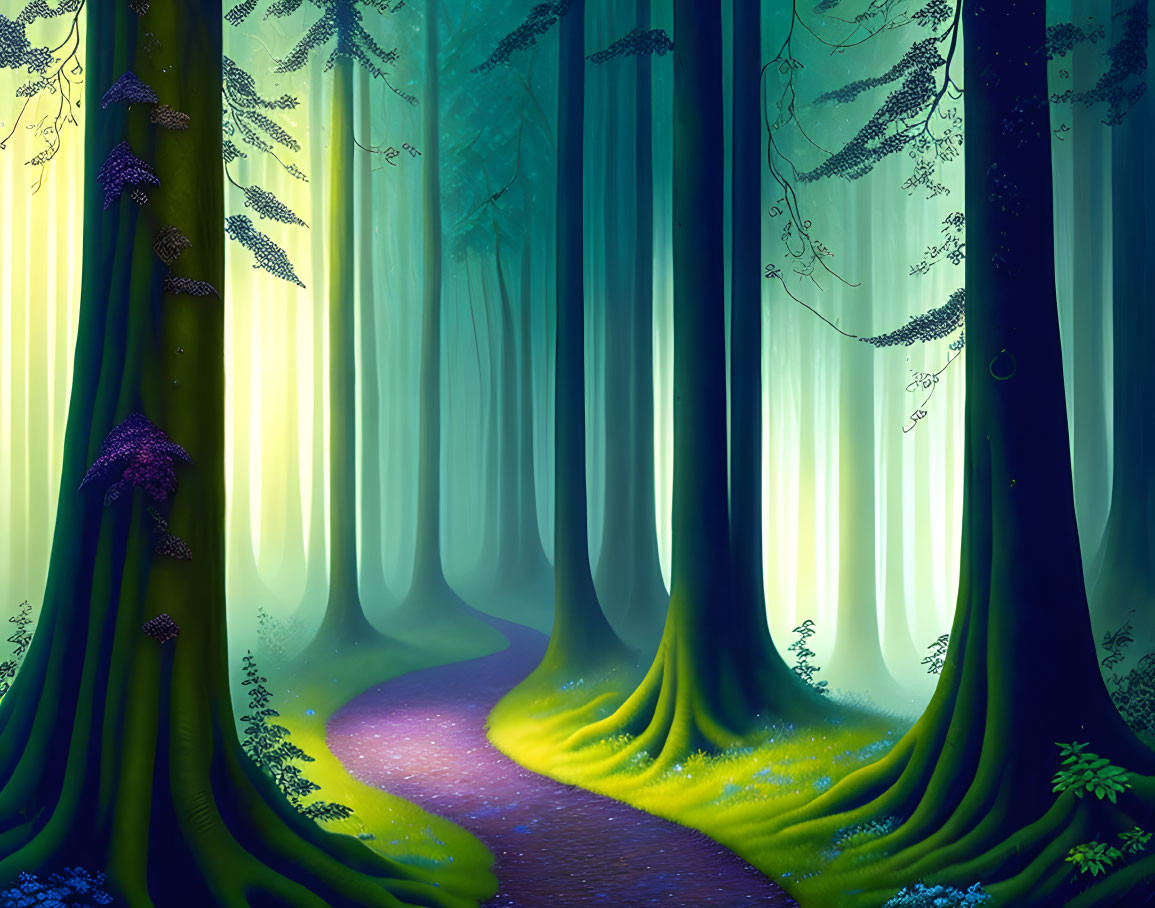 Mystical forest path with towering trees and soft glowing light