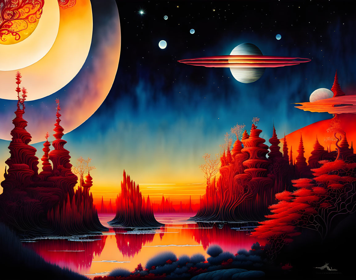 Vibrant sci-fi landscape with red foliage and alien sky reflection