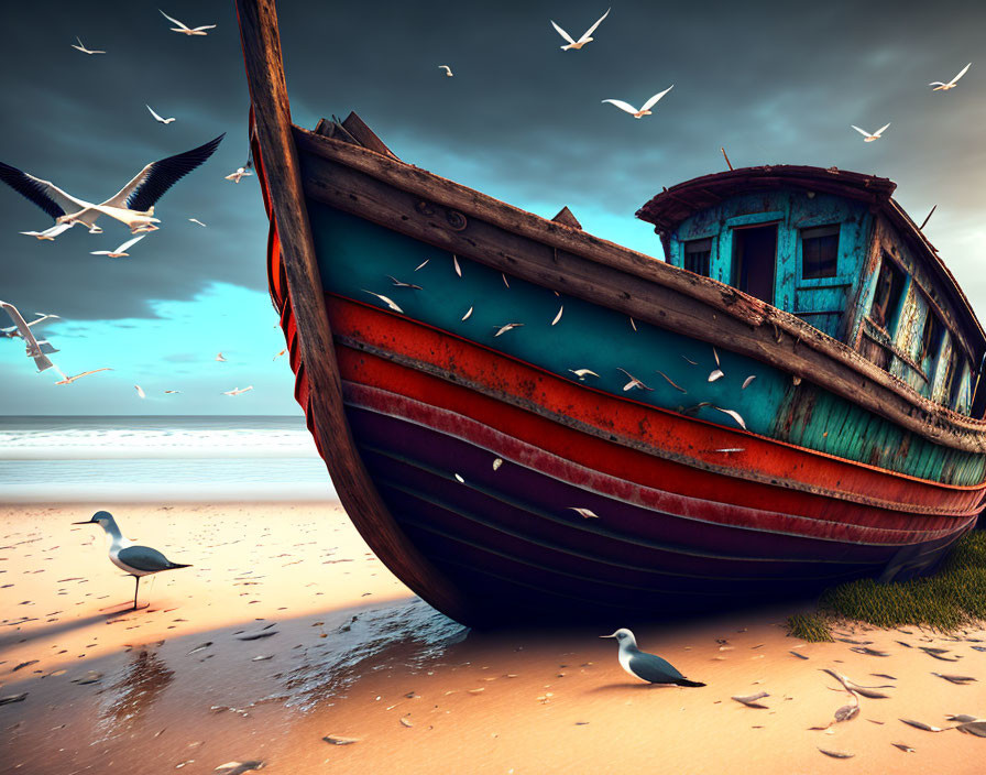 Weathered boat on beach under stormy sky with seagulls