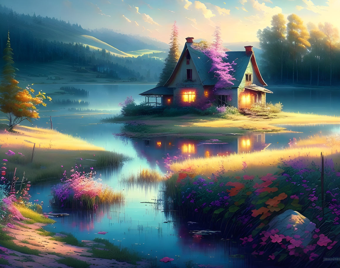 Tranquil Lakeside Cottage Scene at Twilight