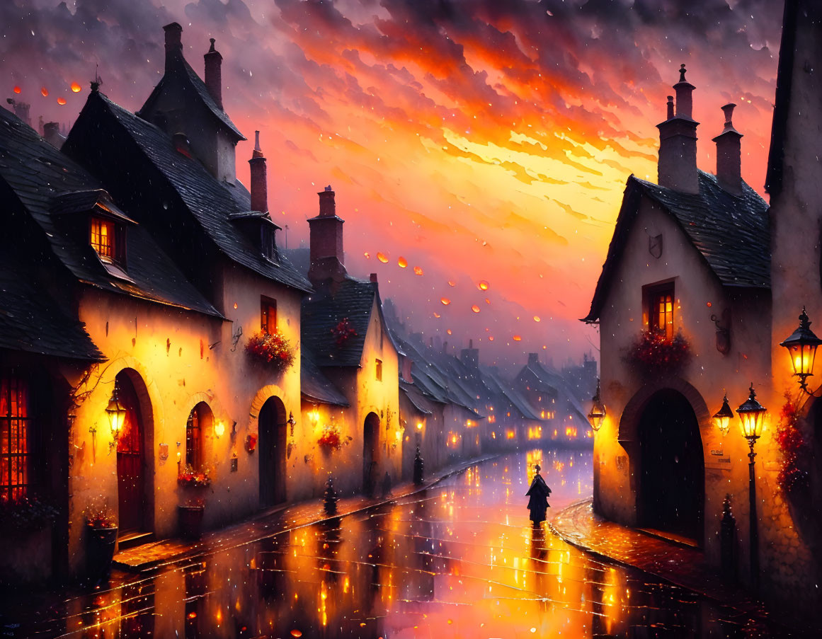 Twilight cobblestone street with warm-lit houses and glowing lanterns