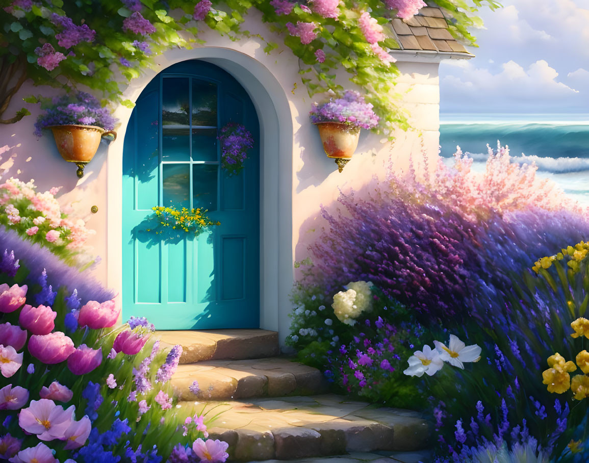 Seaside cottage entrance with vibrant flowers and ocean backdrop