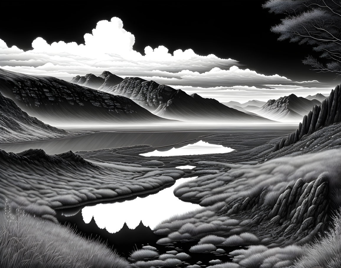 Monochrome landscape with dramatic skies, mountains, lakes, terrain, and foliage.