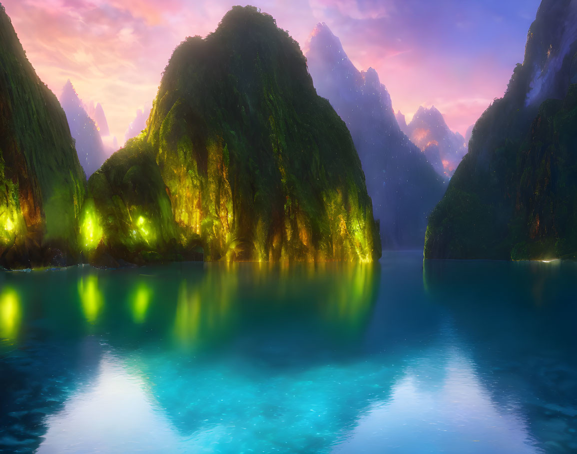 Tranquil sunset landscape with illuminated mountains and turquoise lake