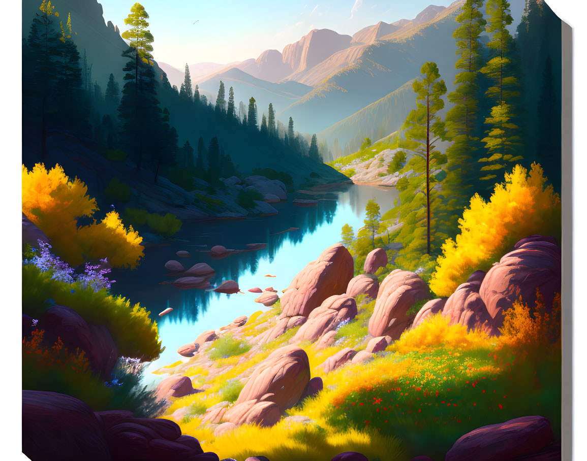 Colorful Mountain Landscape with River and Pine Trees