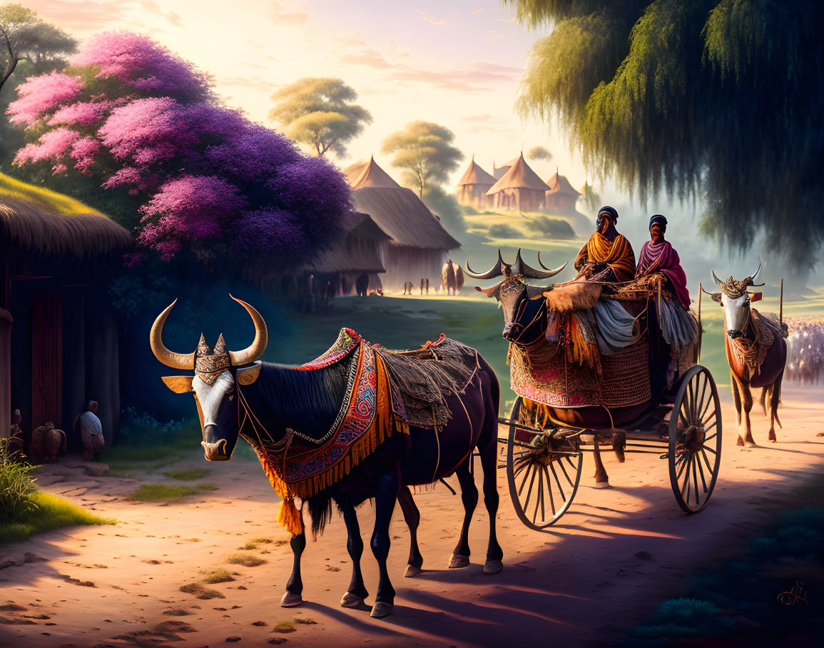 Decorated Ox-cart with Two Individuals in Tranquil Rural Landscape at Sunrise