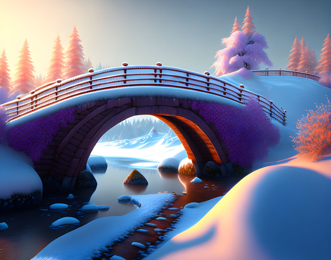 Stone bridge over snowy riverbed in winter landscape with purple foliage and glowing sunset light