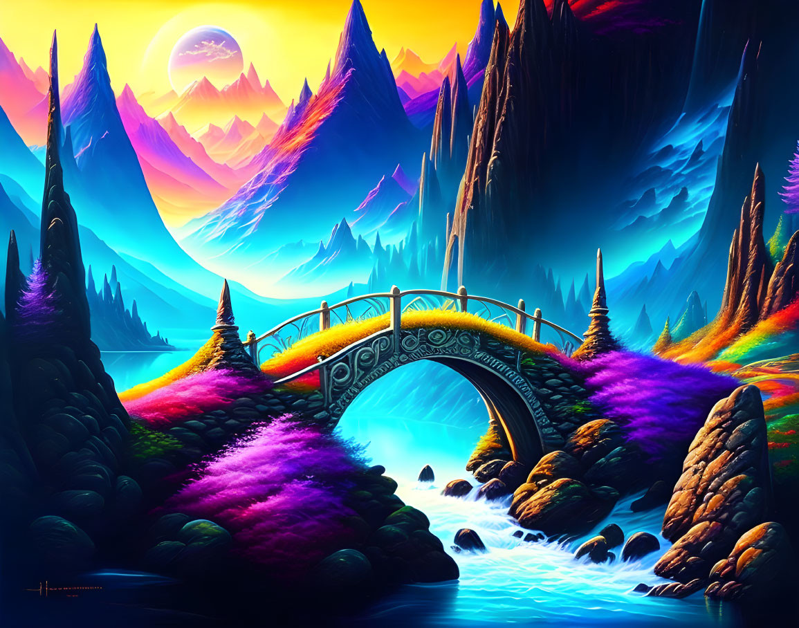 Colorful fantasy landscape: stone bridge, river, sharp mountains, vibrant flora, crescent moon.