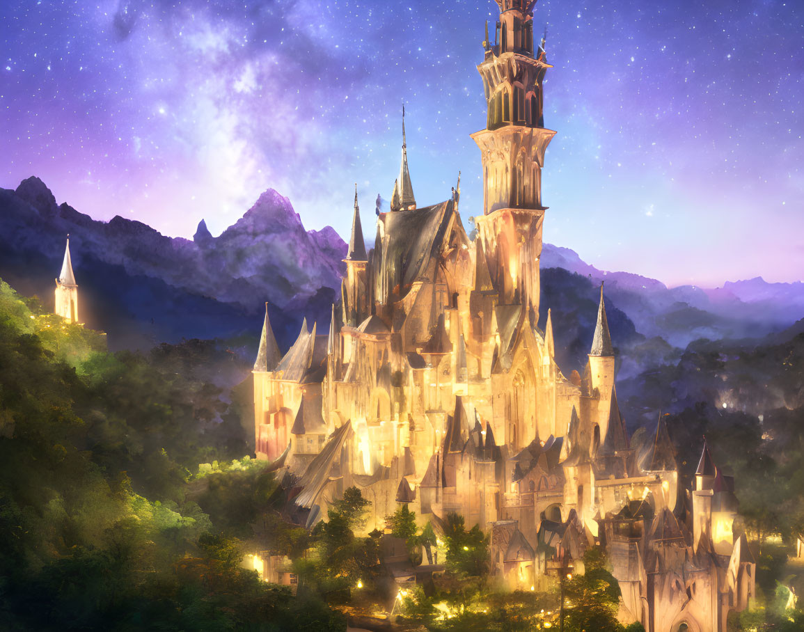 Fantasy castle on mountain under starry sky