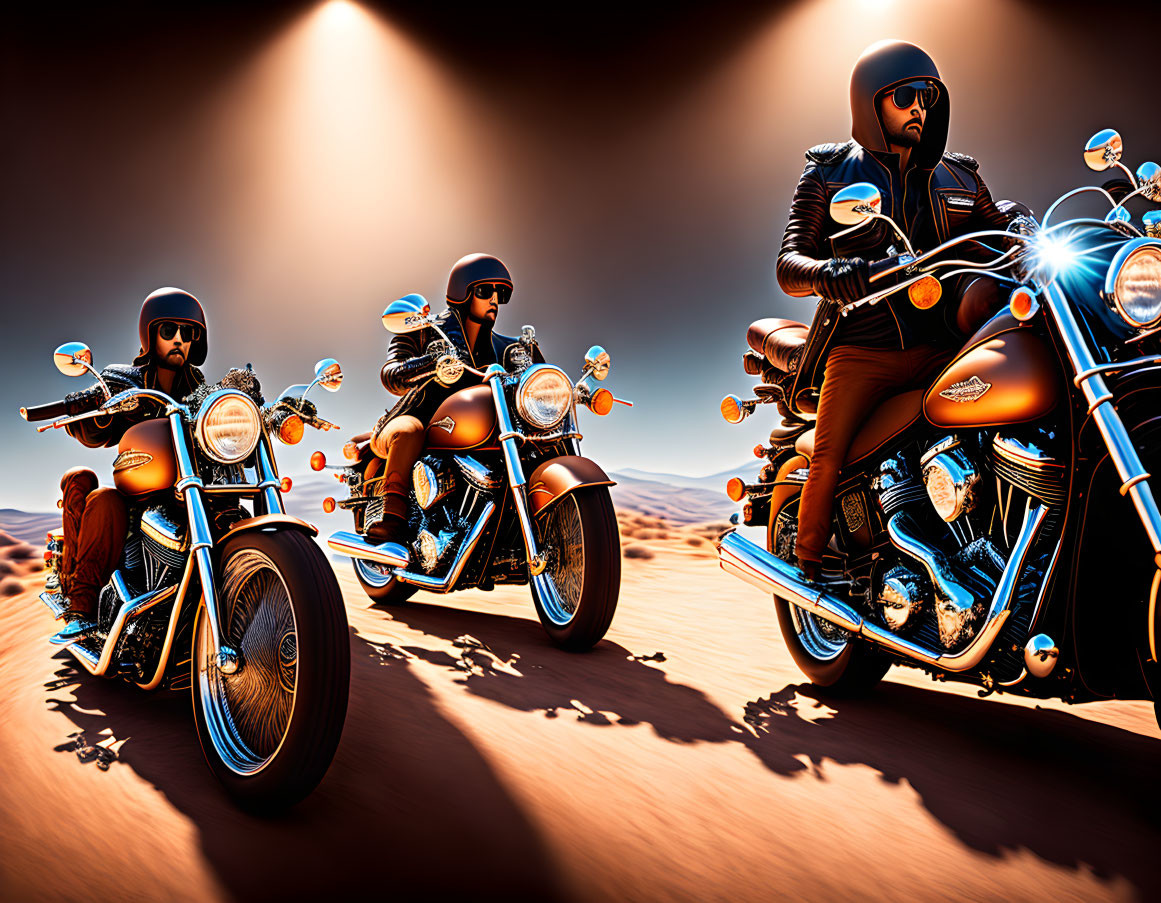 Three bikers on cruisers ride through desert with sand dunes and clear sky