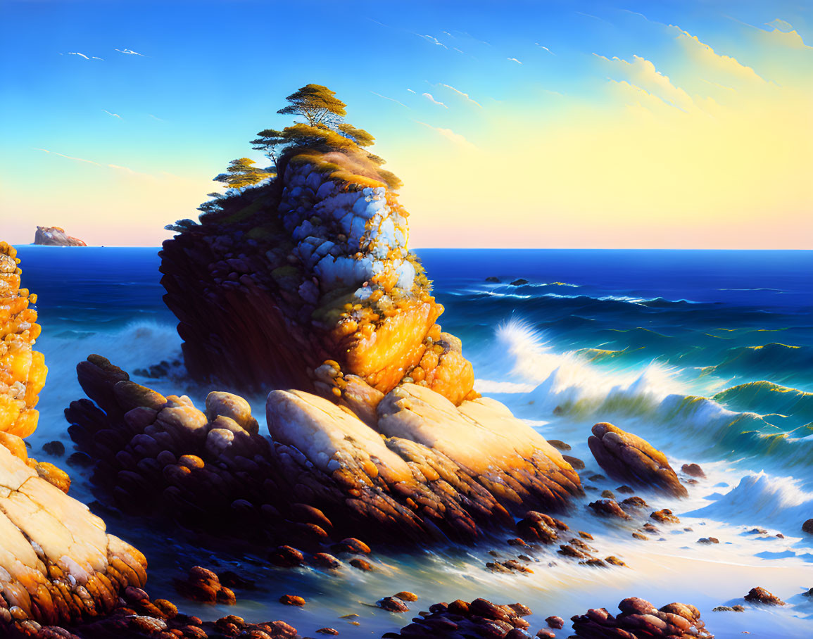 Coastal painting with rock, waves, greenery, and sunset sky