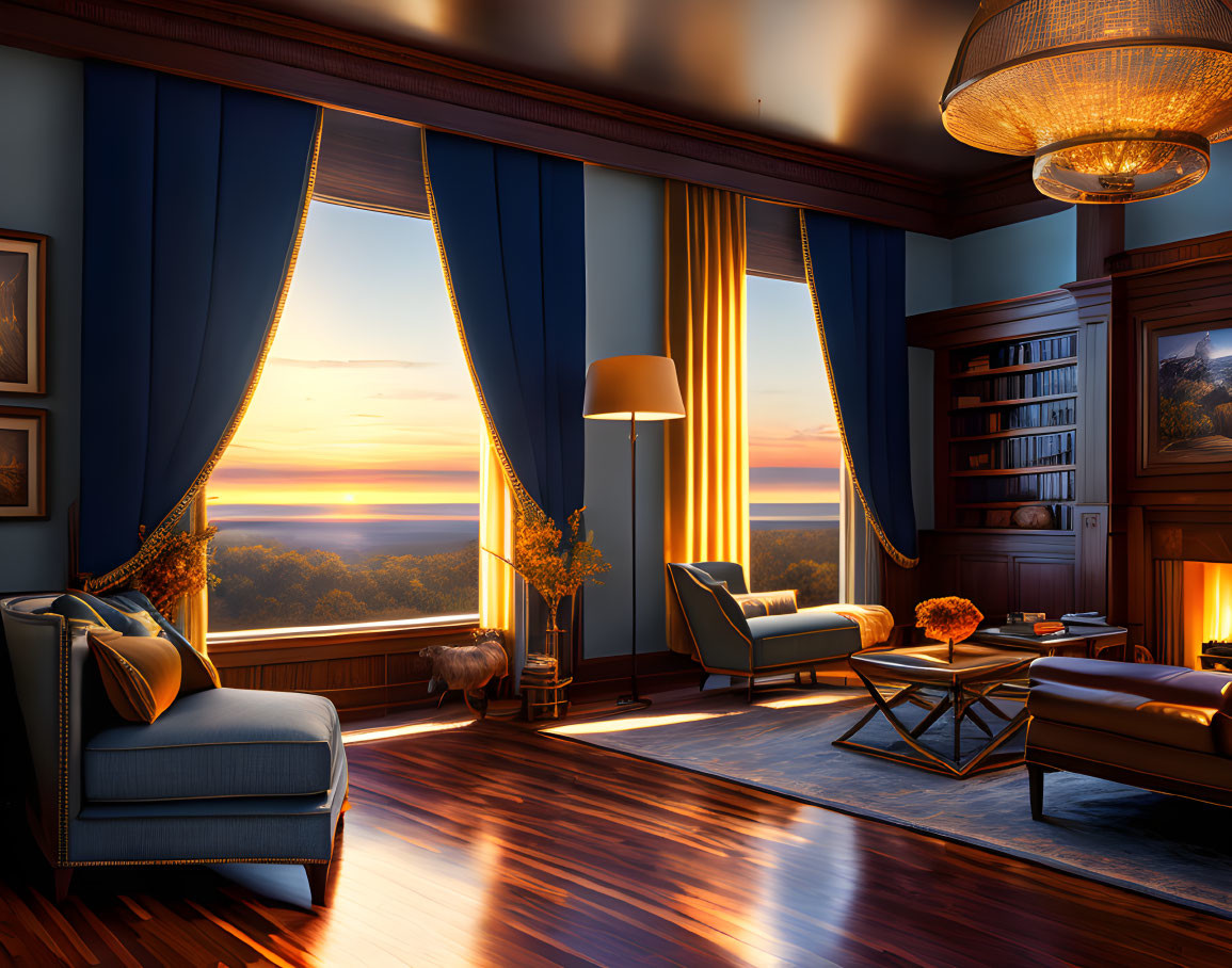 Luxurious Sunset Room with Large Windows, Elegant Furniture, Bookshelf, Warm Lighting, and Horizon View