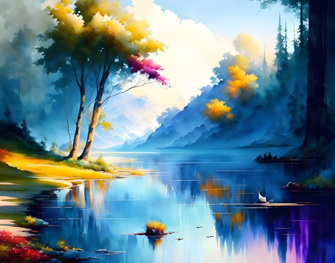 Vibrant autumn landscape with misty mountains & serene waters