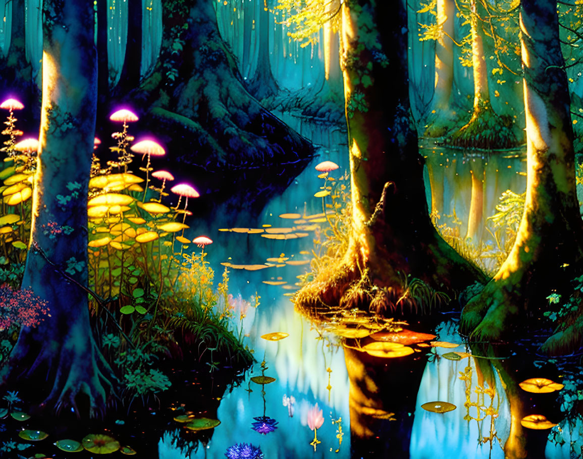 Enchanting forest with glowing mushrooms and mystical light