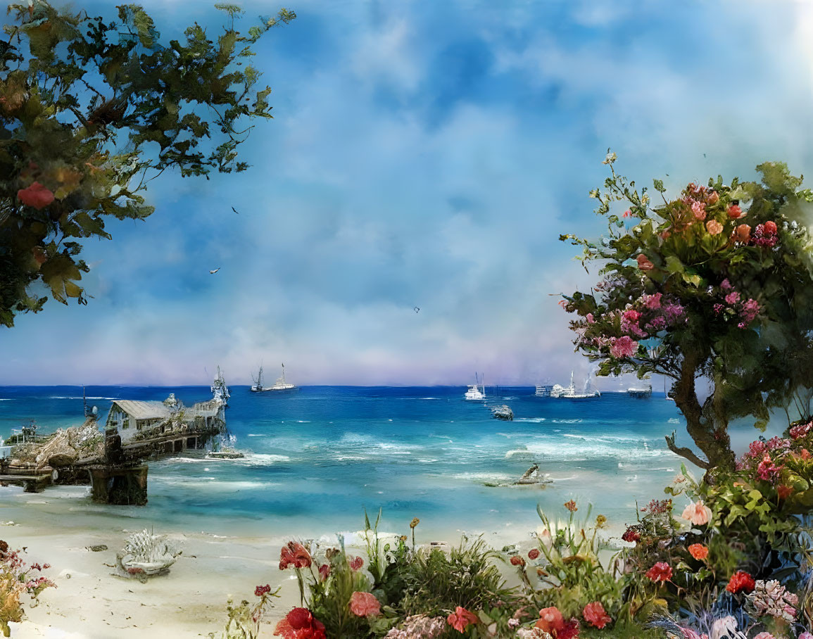 Seaside View with Flowers, Pier, and Ships on Horizon