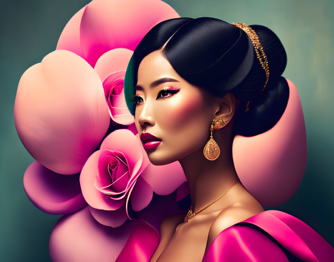 Illustrated portrait of woman with styled hair, gold earrings, pink rose backdrop