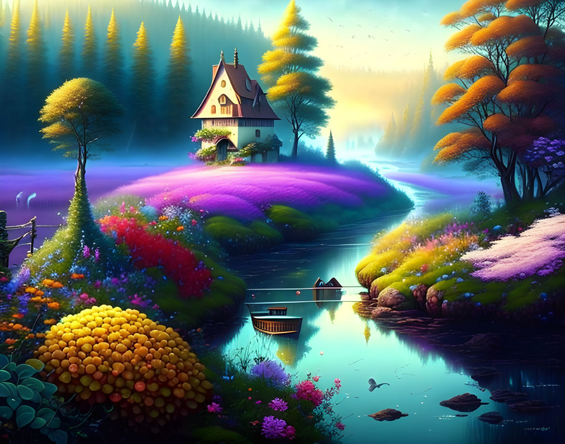 Enchanting cottage by colorful lake in misty forest