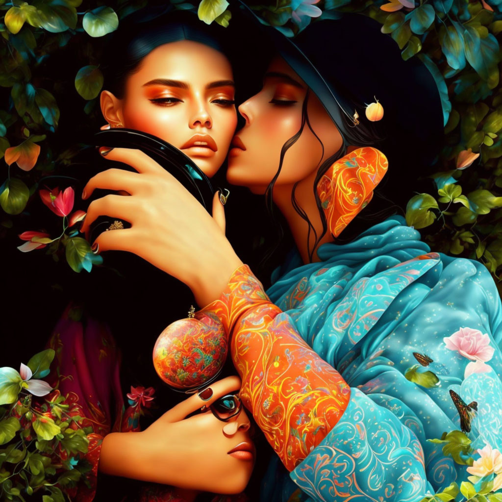 Two women in ornate attire embrace against vibrant floral background