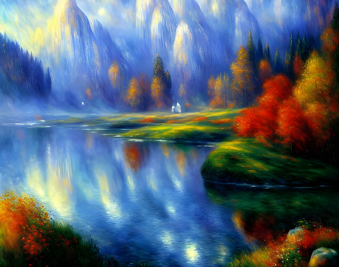 Serene landscape painting: reflective lake, autumn trees, misty mountains