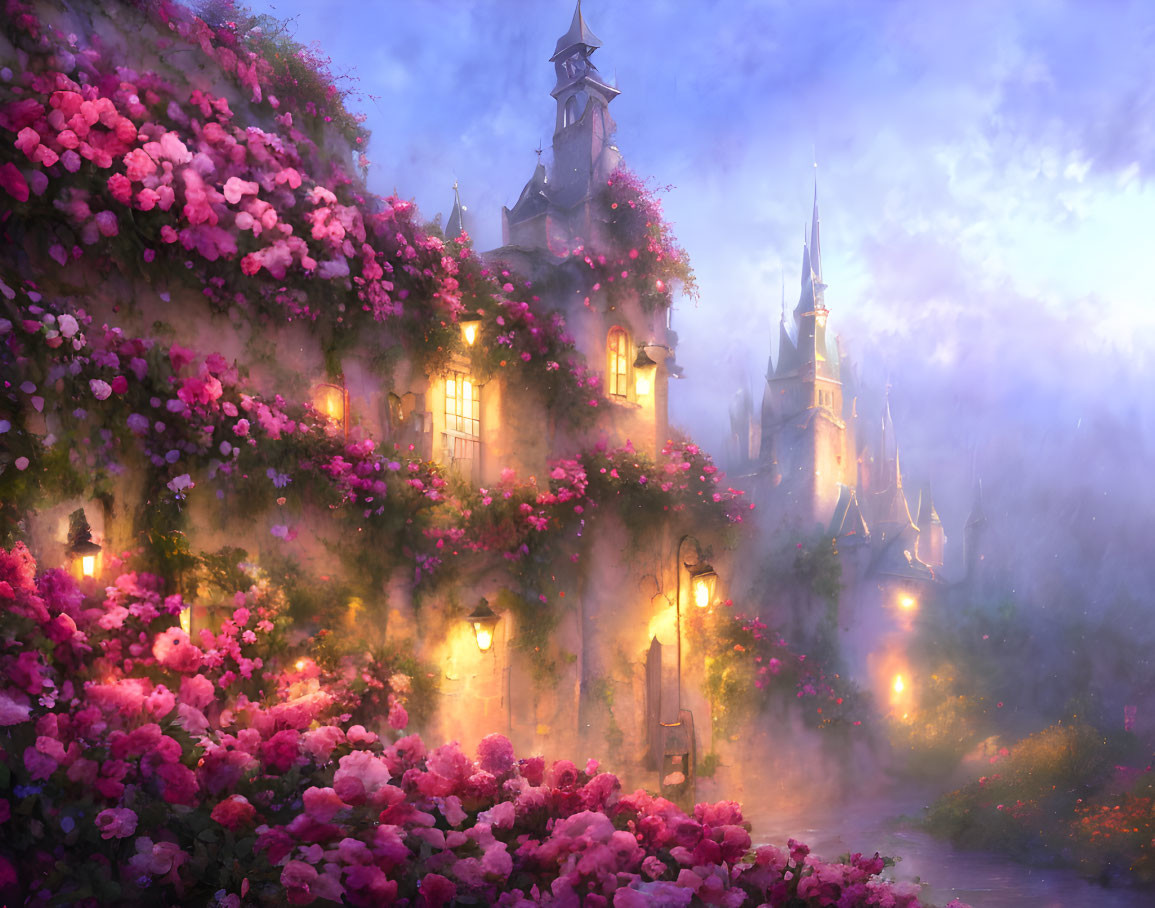 Medieval village with pink blooms and glowing lamps in mystical twilight