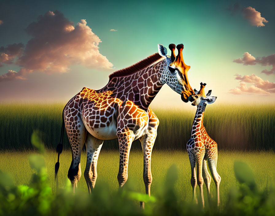 Adult and young giraffes in grassy field under vibrant sunset sky