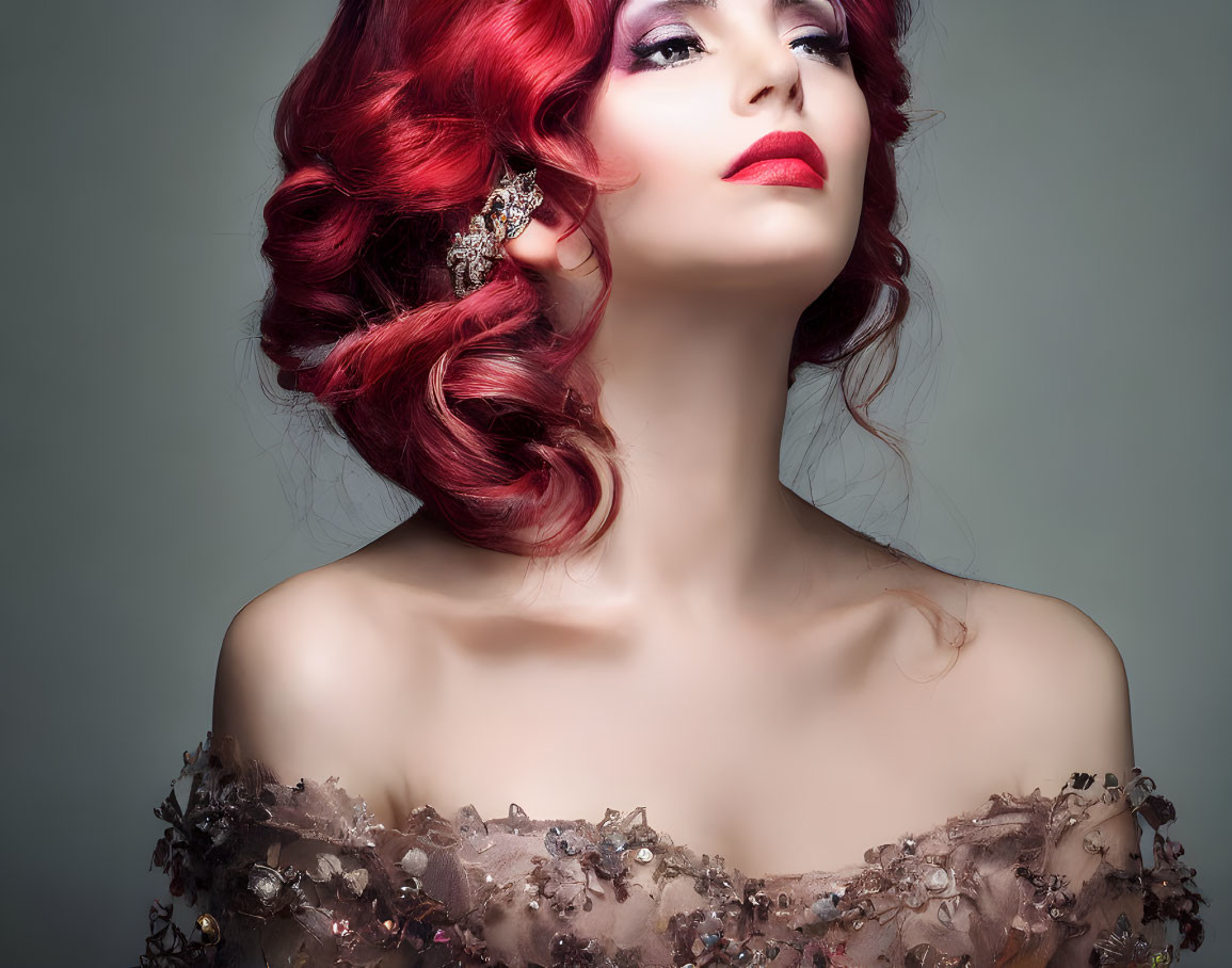 Portrait of a Woman with Vibrant Red Hair and Makeup in Sequined Top