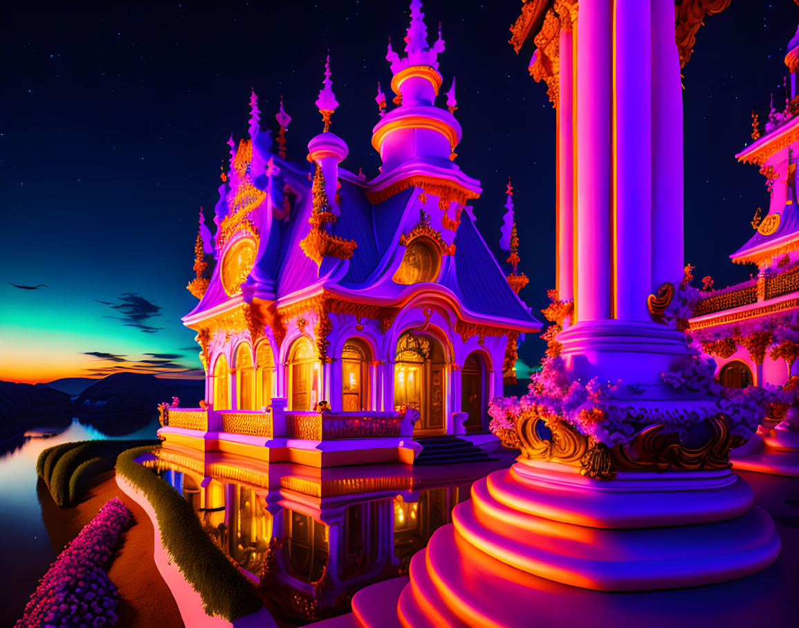 Fantasy Palace with Blue and Gold Lights Reflecting on Water