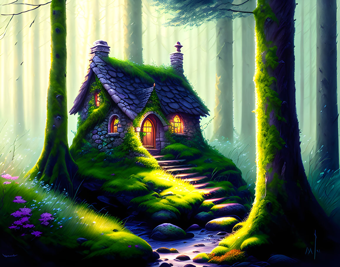 Enchanted forest cottage with moss and glowing windows