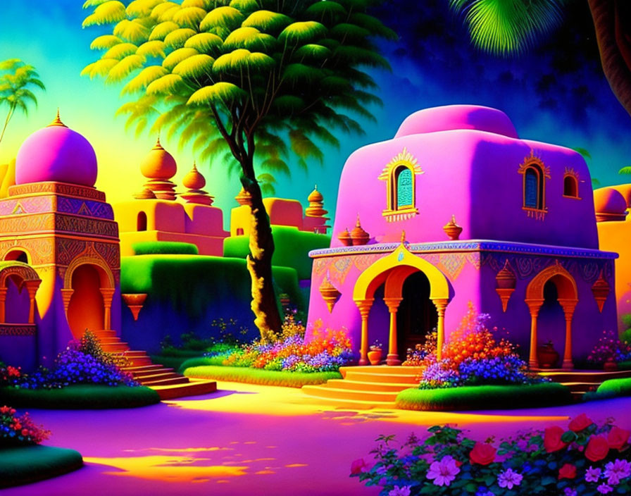 Colorful Middle Eastern fantasy landscape with lush vegetation and twilight sky