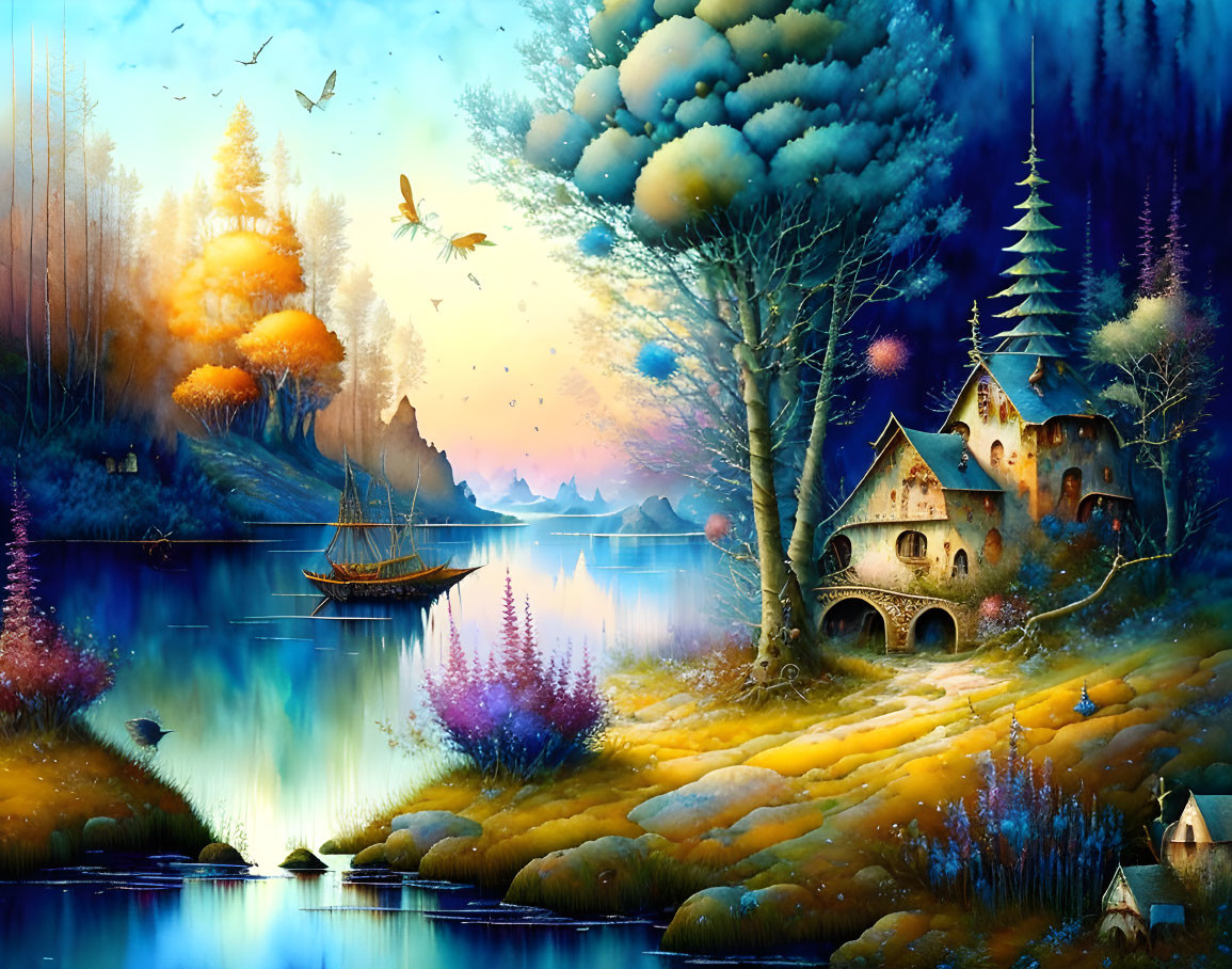 Colorful Fantasy Landscape with Waterfall, Boat, and Wildlife