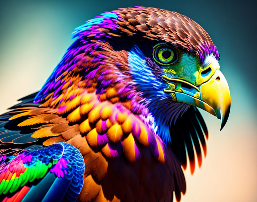 Vibrantly colored eagle portrait with intricate feather patterns