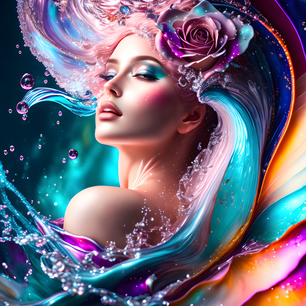 Colorful digital artwork of woman with flowing blue and pink hair and rose, water splashes and bubbles