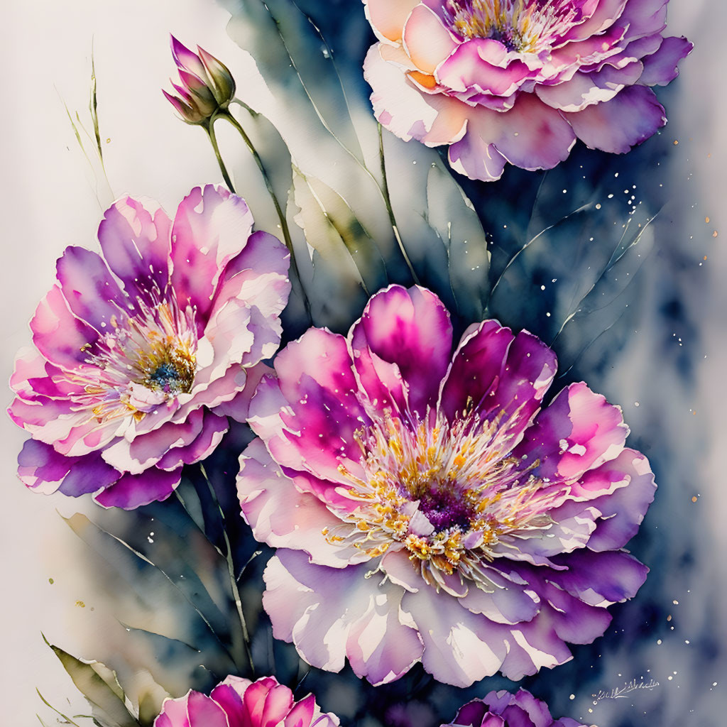 Colorful watercolor peonies with splattered paint accents on soft background