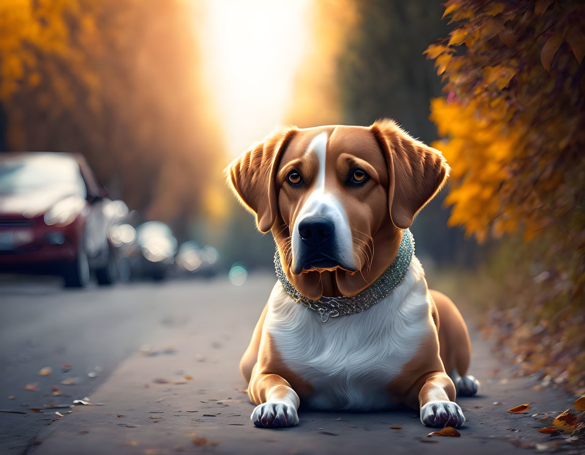 Brown and white dog with chain collar on road with autumn trees and car silhouette.