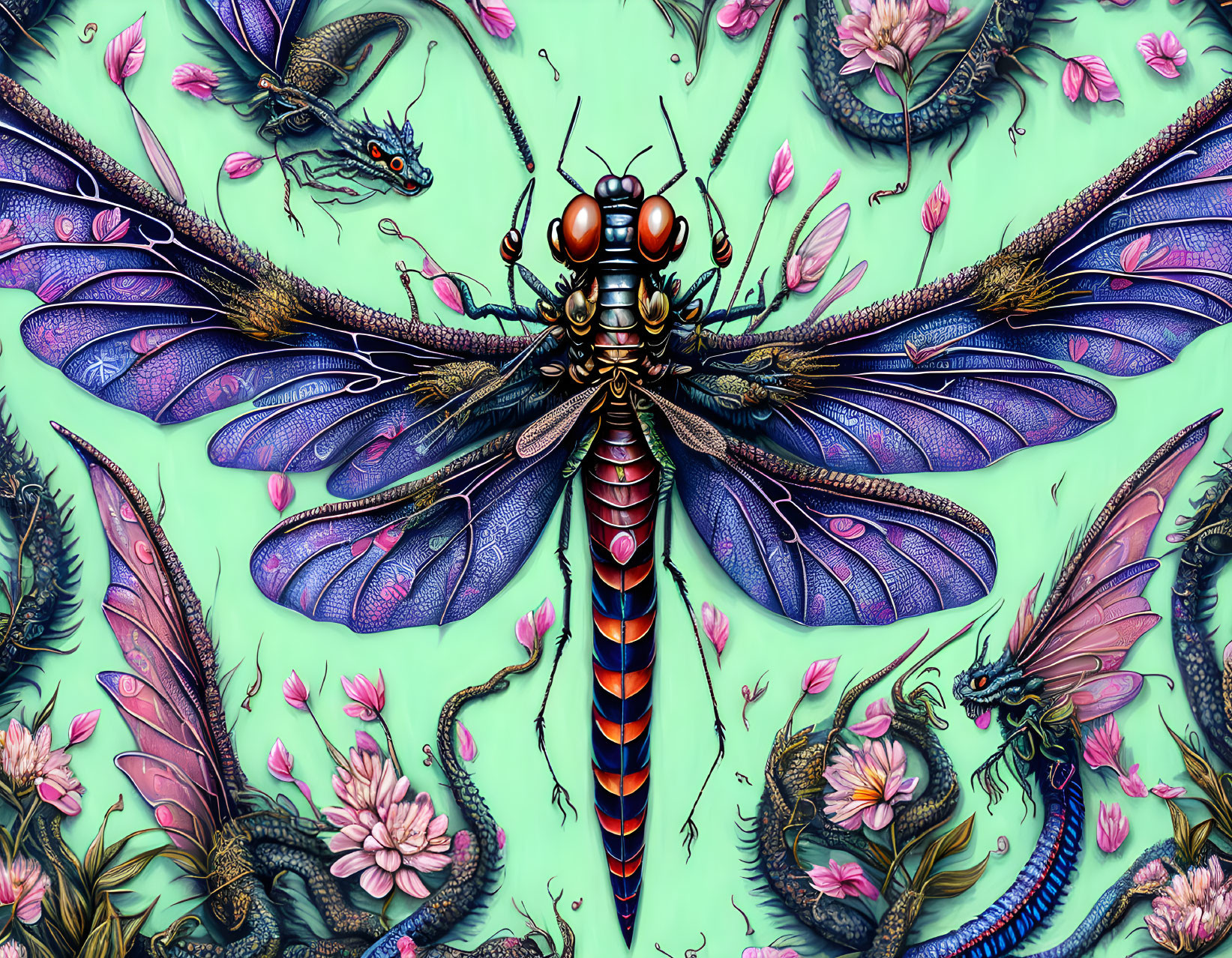 Detailed Digital Artwork: Mechanical Dragonfly, Snakes, and Flora on Teal Background