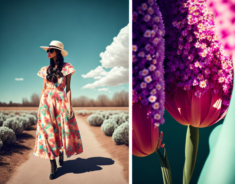 Fashionable woman in floral dress and wide-brimmed hat by lavender bushes.