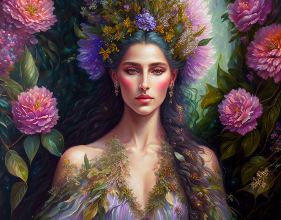 Portrait of a woman with floral adornments and peonies in mystical setting