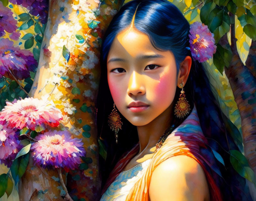 Vibrant painting of young girl with dark hair and flowers in colorful outfit