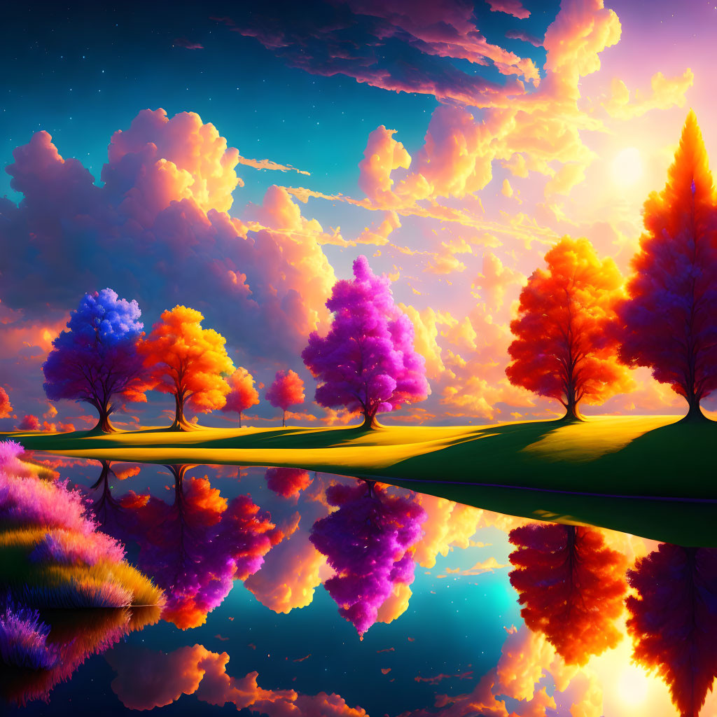 Colorful Trees Reflecting on Tranquil Lake at Sunset