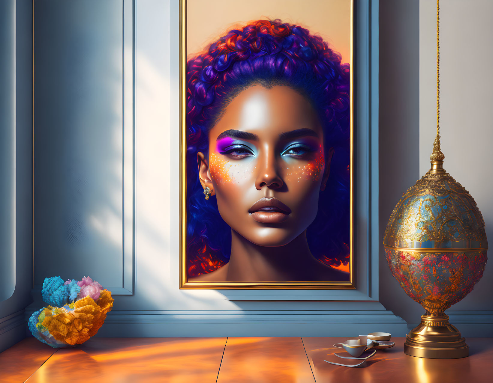 Colorful digital art: Woman with purple hair and makeup near window, coral structure, egg-shaped object