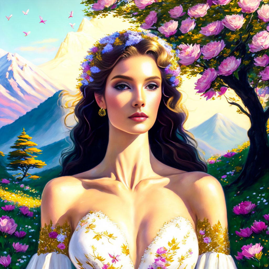 Illustrated Woman with Floral Crown in Meadow with Mountains, Flowers, and Butterflies