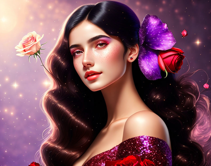 Woman with flowing hair, butterfly, rose, starry background, sparkly purple dress