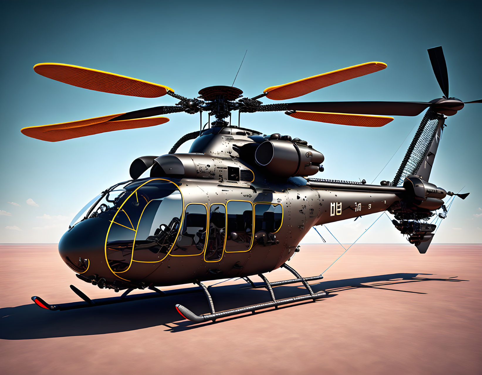 Dual-rotor military helicopter digitally rendered on reflective surface