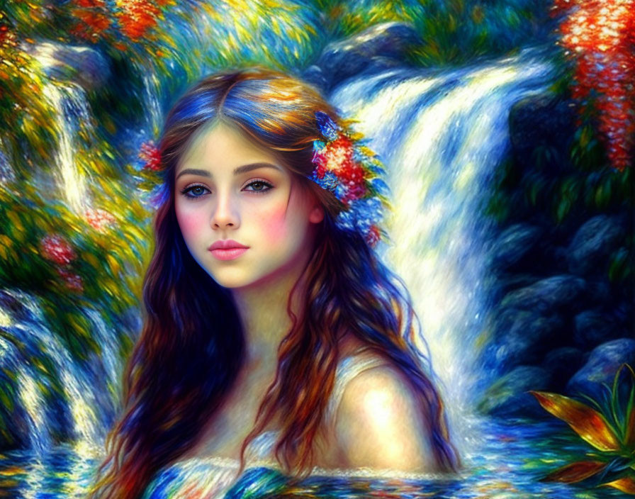 Portrait of woman with flowers in flowing hair against waterfall backdrop